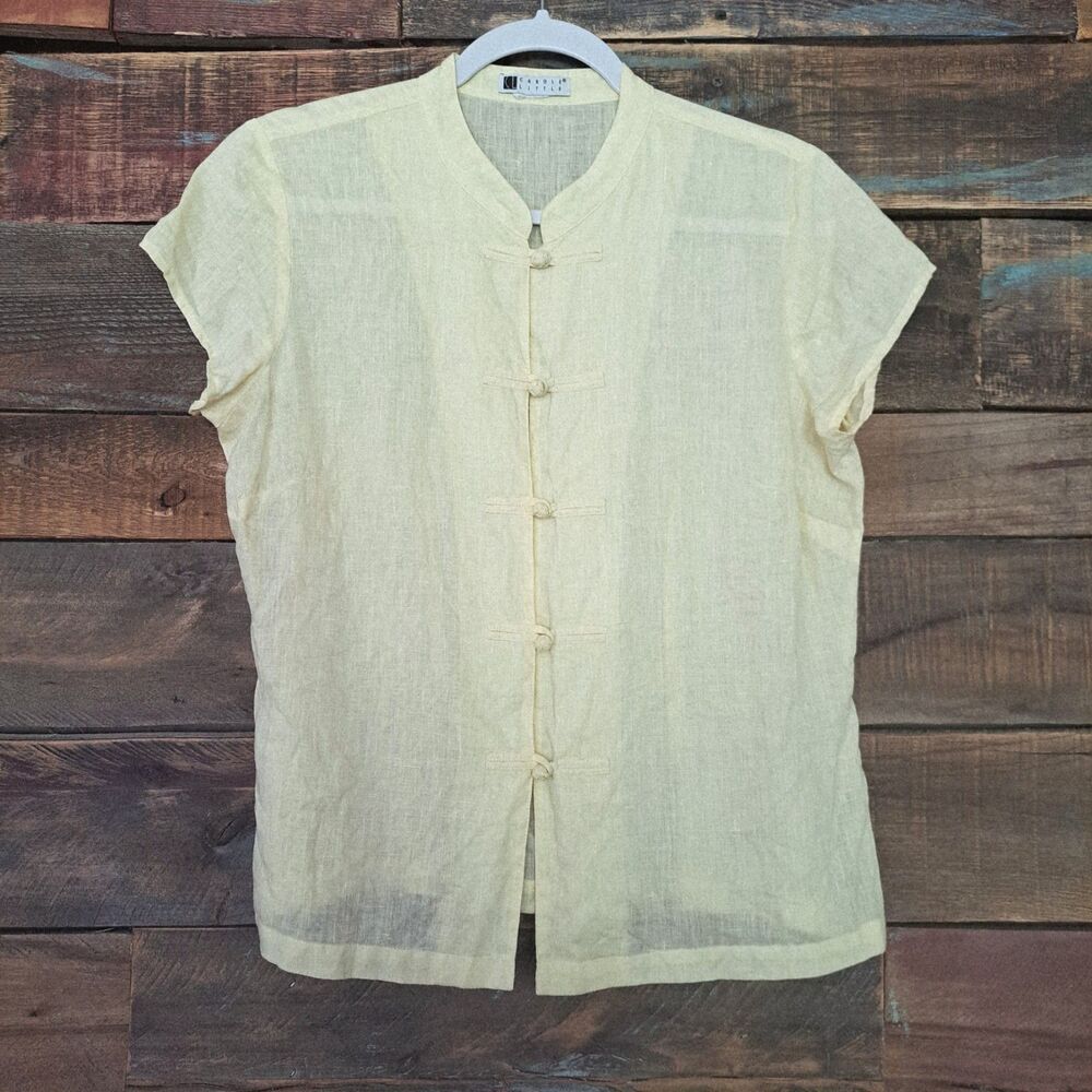 Carole Little Vintage 100% Linen Yellow Top Sz Med Asian-inspired esthetic